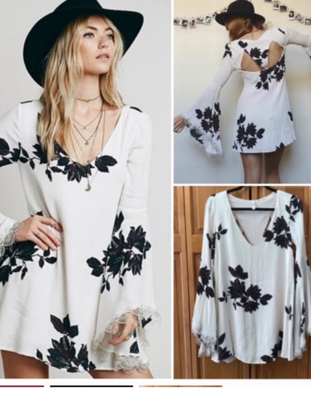 Free People White Mini Dress with Black Floral Print